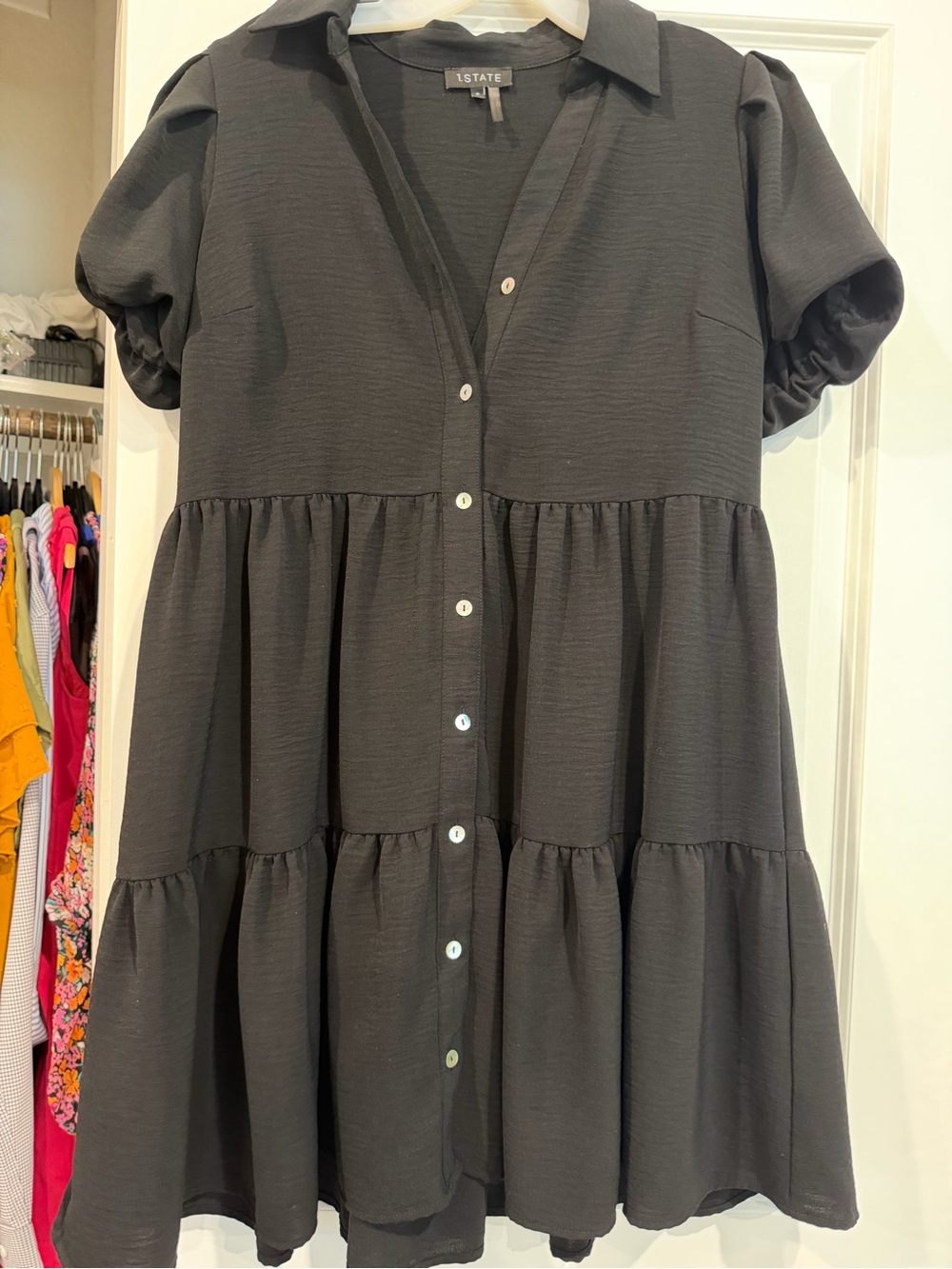 1. State Black Tiered Button-Front Mini Dress